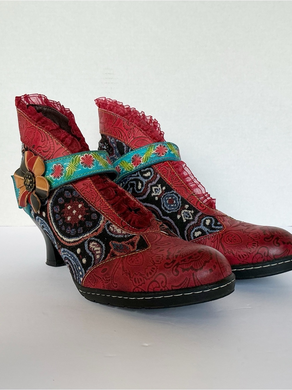 Socofy Floral Leather & Tapestry Ankle Bootie Pumps EU Size 41/US 10 - Picture 3 of 14